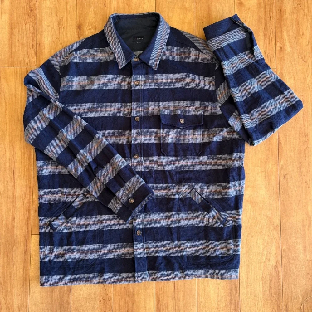 J by J Crew Men's Navy‎ Blue Gray Stripe Long Sleeve Button Up Shirt Jacket